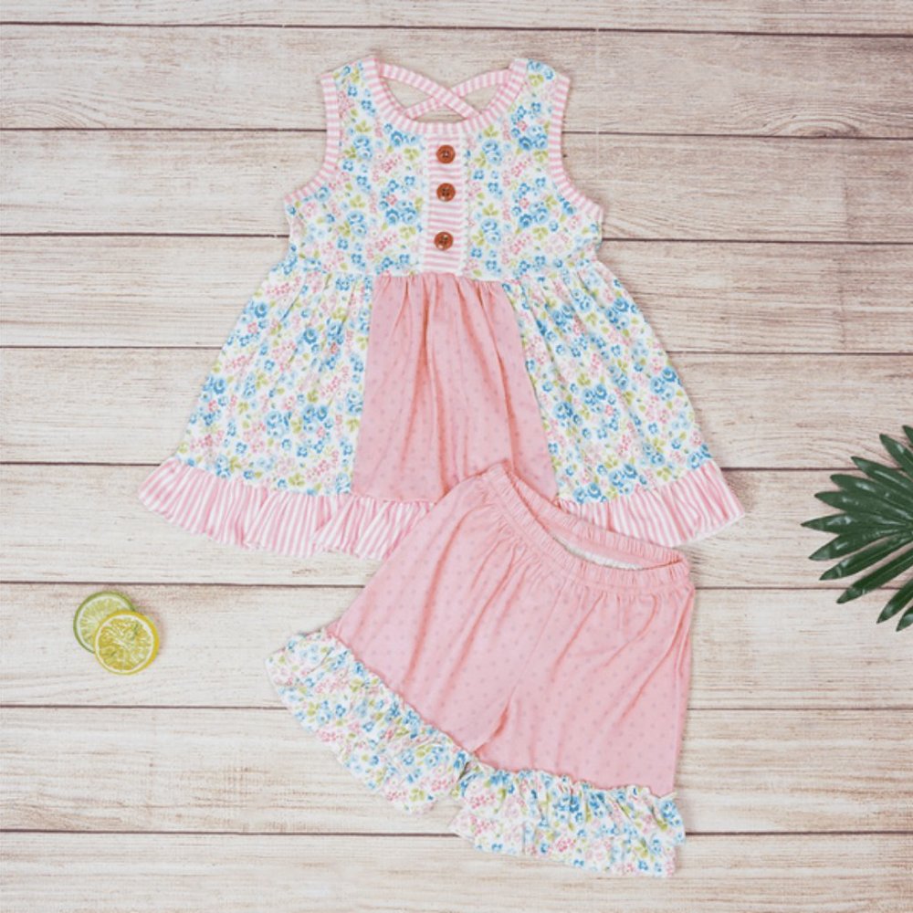 Boutique Girls Floral Tunic Dress & Ruffle Shorts Outfit